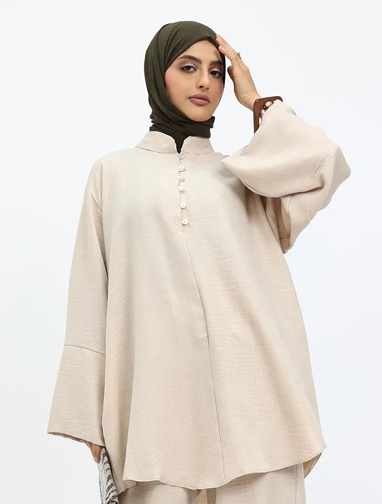 Beige Linen Feel Button Detail Co Ord Set